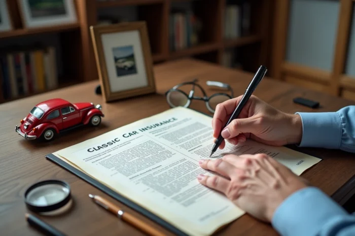 Mains d'un collectionneur relisant les clauses d'un contrat d'assurance pour voiture de collection sur un bureau en bois avec une maquette automobile
