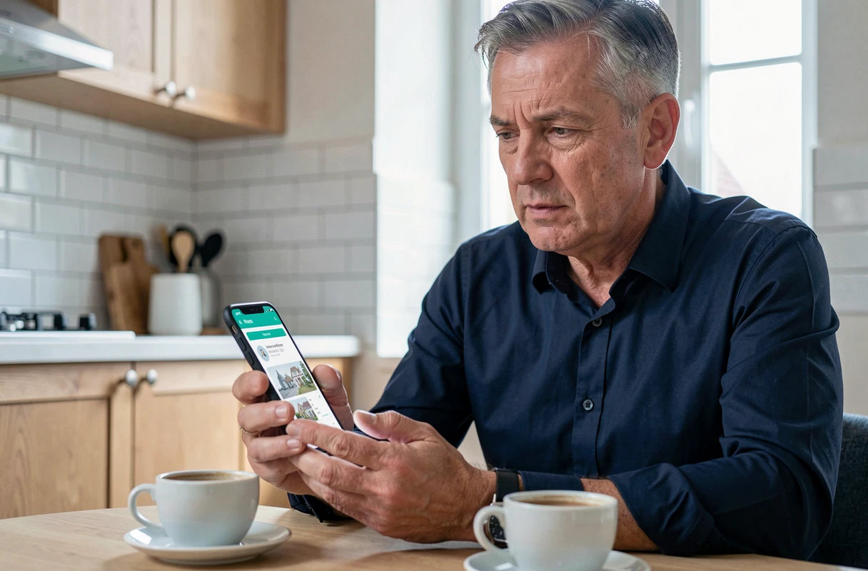 Copropriétaire homme consultant l'application MyFoncia sur smartphone dans une cuisine moderne