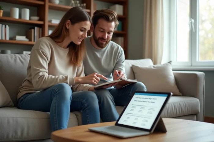 Couple comparant des offres de crédit sur une tablette dans leur salon