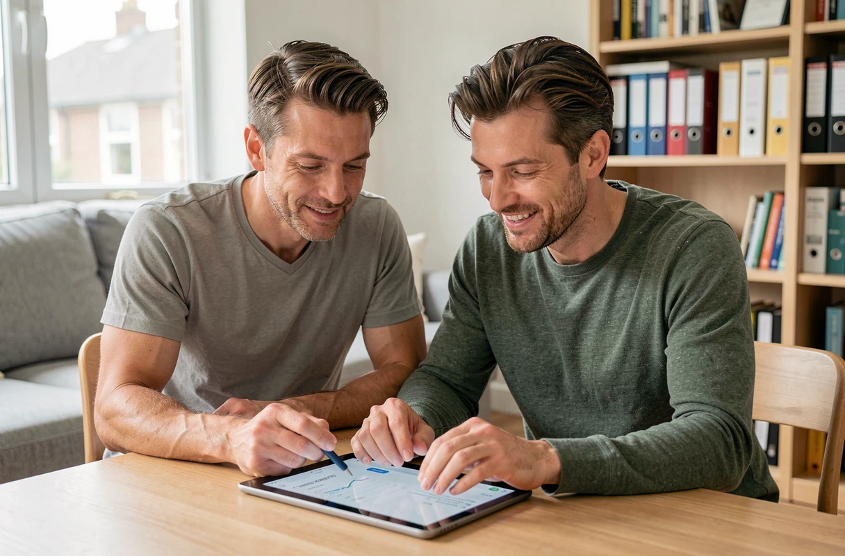 Couple de copropriétaires mettant à jour leurs informations MyFoncia ensemble sur une tablette dans leur salon