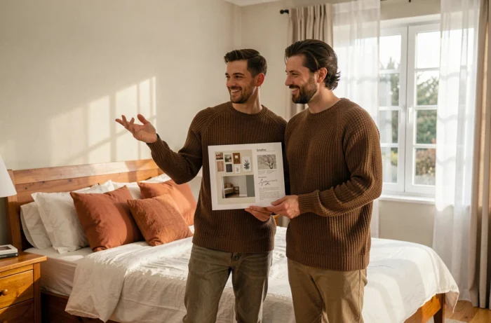 Couple planifiant la décoration murale de leur chambre avec des références de produits imprimées