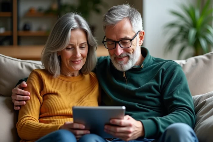 Couple consultant ensemble leur espace en ligne Crédit Agricole 22 sur une tablette dans le salon