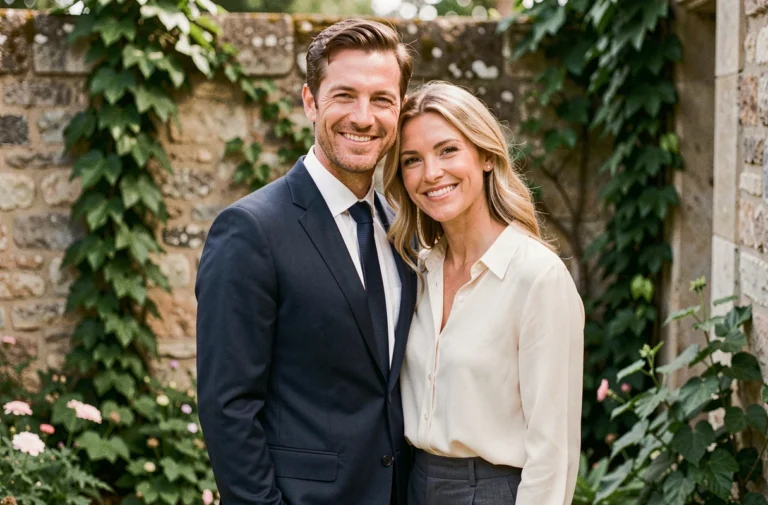 Couple élégant souriant dans un jardin de campagne française, homme en costume marine et femme en chemisier crème