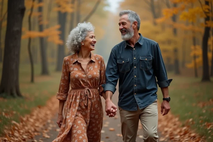 Couple mature marchant main dans la main sur un sentier forestier en automne, illustrant une relation complice et épanouie