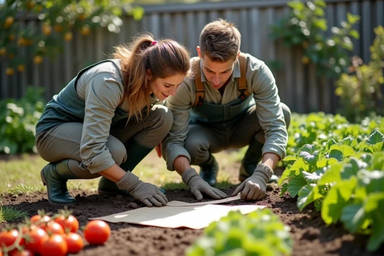 Couple planifiant la surface de leur potager avec un mètre ruban devant des rangées de légumes dans un jardin familial