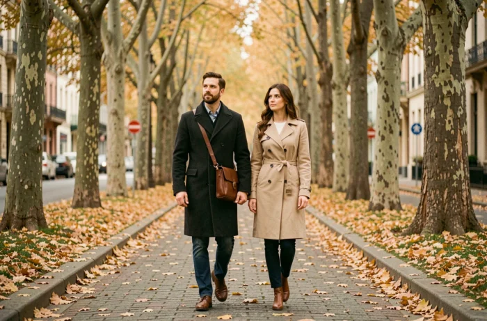 Couple marchant sur une allée arborée en automne avec feuilles dorées au sol, habillés en manteaux élégants