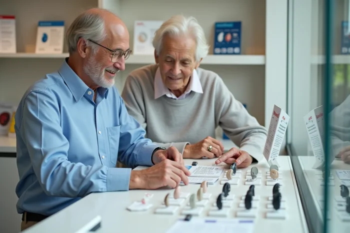 Couple de seniors examinant les modèles et les prix des appareils auditifs dans un centre Audika sans engagement