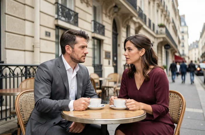 Homme et femme élégants en conversation à une terrasse de café parisien avec façade haussmannienne en arrière-plan