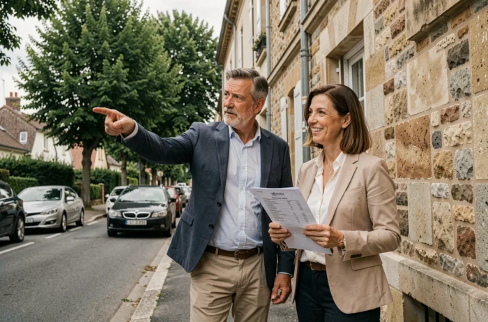 Couple visitant un bien immobilier résidentiel en banlieue, projet d'investissement immobilier en famille