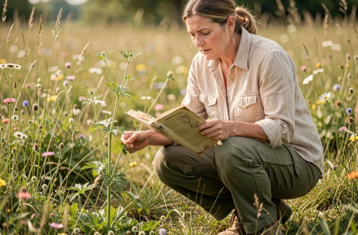 Femme cueillant des plantes sauvages dans une prairie et consultant un guide botanique pour identifier la carotte sauvage et éviter la ciguë