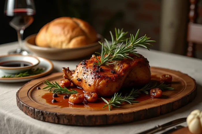 Cuissot de chevreuil rôti doré sur un plateau en bois avec romarin, échalotes caramélisées et jus de viande servi sur une table de repas rustique