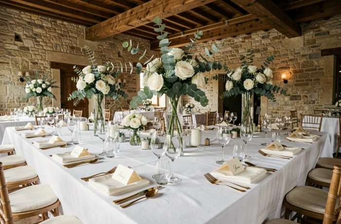 Table de mariage élégamment décorée avec fleurs blanches, vaisselle dorée et nappes en lin dans un château
