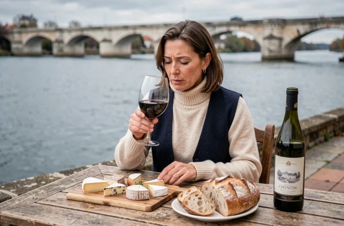 Femme dégustant un Chinon rouge en terrasse au bord de la Loire avec fromages et pain local
