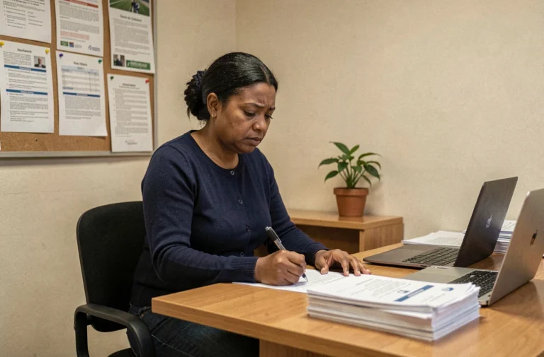 Femme remplissant un dossier de demande de RSA dans un bureau administratif français