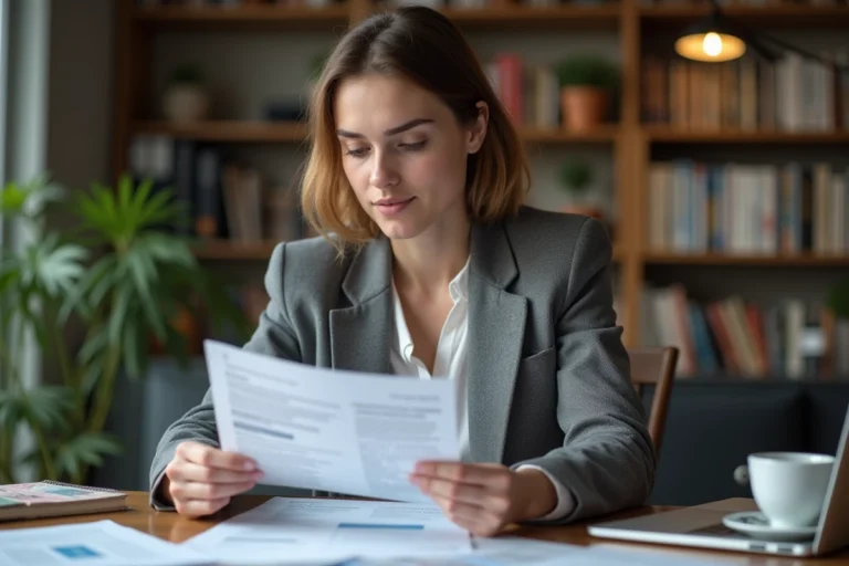 Jeune femme préparant sa demande de visa pour la France avec des documents officiels sur un bureau en bois