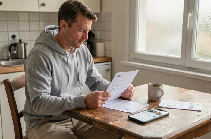 Homme consultant les démarches pour le RSA sur son téléphone à domicile