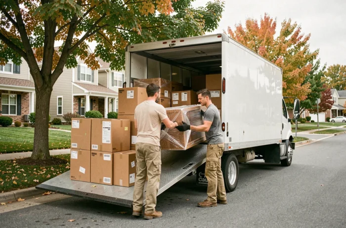 Deux déménageurs chargeant des meubles et des cartons dans un camion de déménagement devant une maison résidentielle en automne