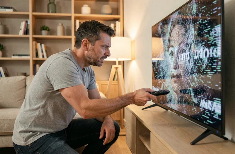 Homme utilisant une télécommande pour résoudre le problème de clignotement sur une télévision Samsung dans un salon moderne