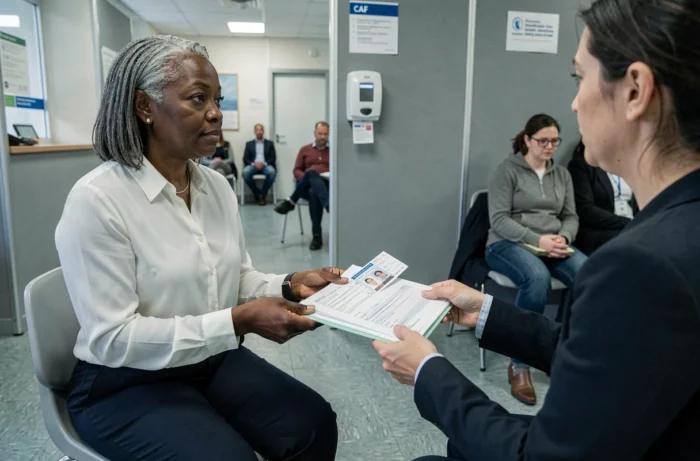 Femme déposant ses documents justificatifs pour une demande de RSA à l'accueil de la CAF