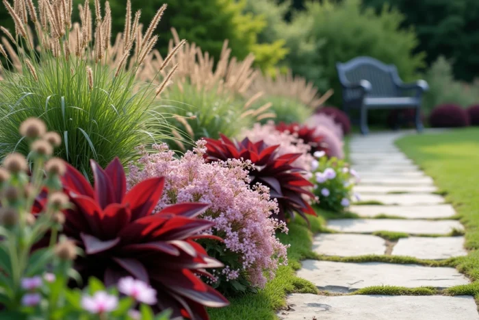 Gros plan sur une bordure de jardin dense et texturée avec heuchera rouge, phlox rose et graminées ornementales en fin d'été