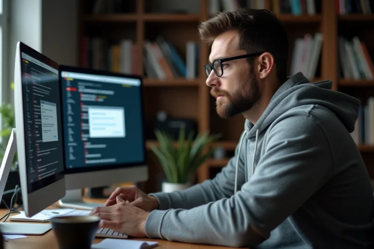 Homme consultant des alertes de sécurité informatique sur son ordinateur à la maison, illustrant la détection d'infections et de logiciels malveillants
