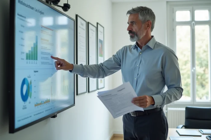 Directeur d'établissement scolaire présentant les nouveaux outils du LSU 2026 sur un écran interactif dans un bureau administratif
