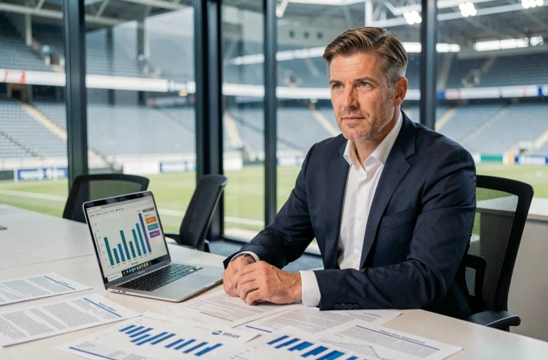 Dirigeant de club de Ligue 1 analysant le budget financier lors d'une réunion en salle de conférence dans un stade de football français
