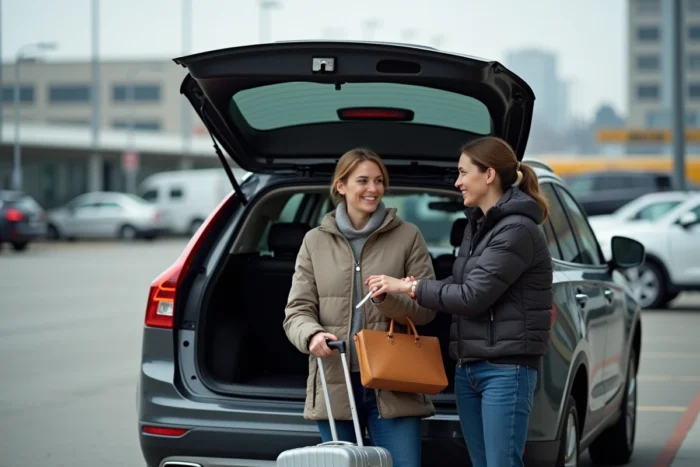 Groupe de covoitureurs échangeant de l'argent et récupérant leurs bagages dans un parking de gare après un trajet Blablacar