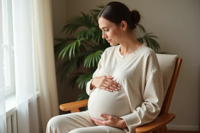 Femme enceinte du troisième trimestre posant les mains sur son ventre rond dans un intérieur scandinave chaleureux