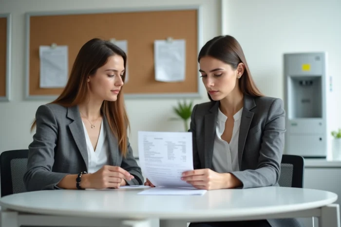 Employée territoriale de catégorie C examinant une fiche de paie avec des primes dans un espace administratif