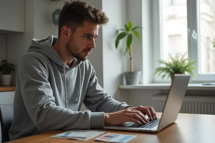 Un homme effectuant un envoi d'argent Western Union en ligne depuis son appartement en France