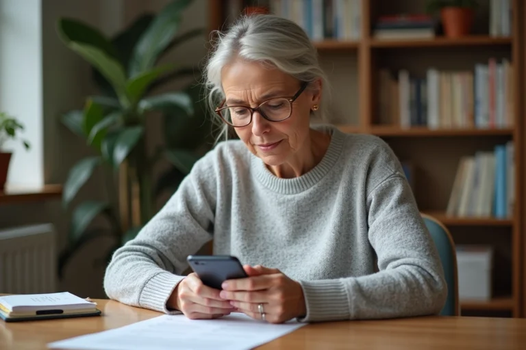 Femme d'une cinquantaine d'années scannant un document papier avec son smartphone pour l'envoyer à Agirc-Arrco via son espace en ligne