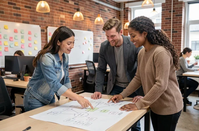Équipe marketing collaborant autour d'un plan de site imprimé dans un espace de coworking moderne et dynamique