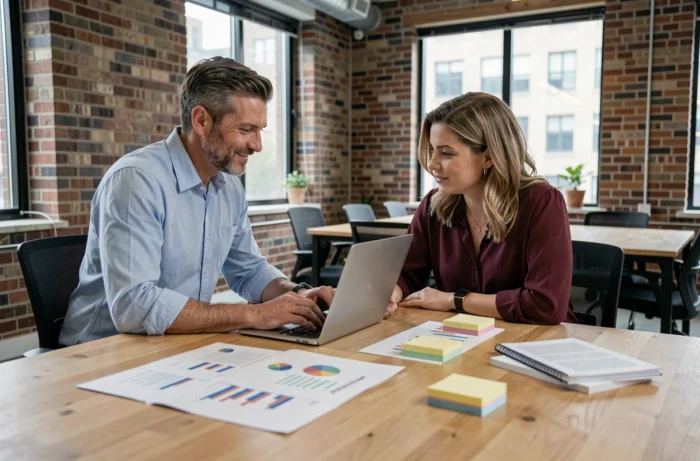 Deux professionnels analysant des stratégies pour maximiser leurs gains en ligne dans un espace de coworking