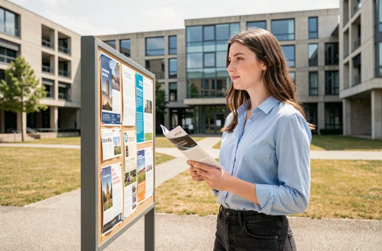 Étudiante consultant un panneau d'affichage universitaire sur un campus en Île-de-France pour choisir son BUT GMP