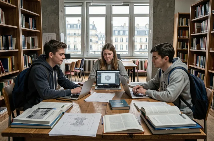 Groupe d'étudiants en BUT GMP travaillant ensemble dans une bibliothèque universitaire parisienne