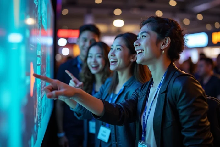 Groupe de jeunes participants enthousiastes à un salon de jeux vidéo U Games, réagissant à des annonces sur un écran d'exposition