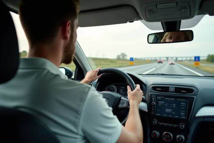 Un élève conducteur allemand en train de s'insérer sur l'Autobahn sous la supervision de son moniteur avec une tablette
