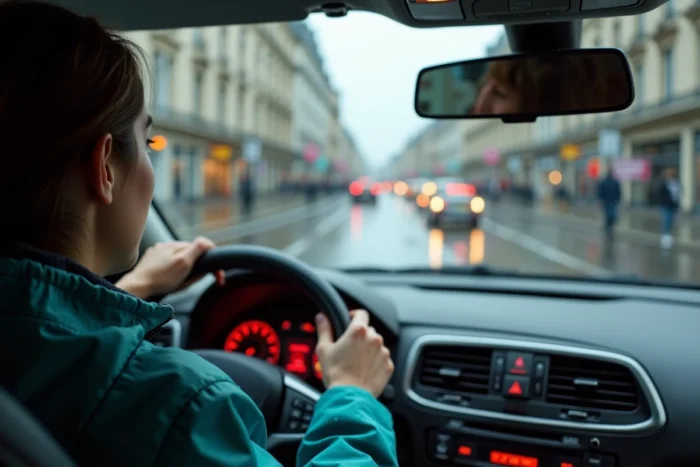 Une jeune conductrice belge au volant face à un carrefour complexe à Bruxelles sous la pluie