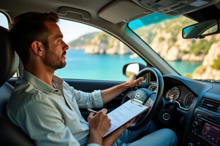 Un élève conducteur croate sur une route côtière sinueuse avec la mer Adriatique en arrière-plan