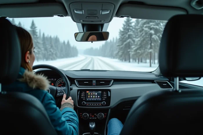 Une conductrice en formation sur une route enneigée en Finlande entourée de forêts de pins