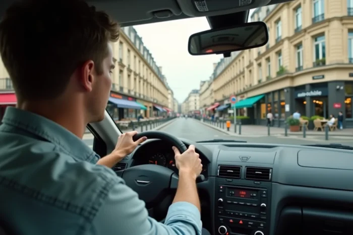 Un jeune Français au volant d'une voiture auto-école devant une intersection prioritaire sur un boulevard haussmannien à Paris