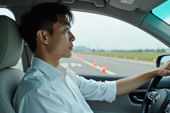 Un jeune Japonais en chemise blanche dans une voiture auto-école sur un circuit de conduite de précision