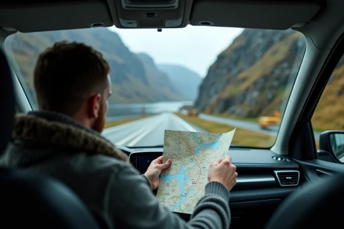Un élève conducteur norvégien consultant une carte de route au bord d'un fjord avec des montagnes abruptes