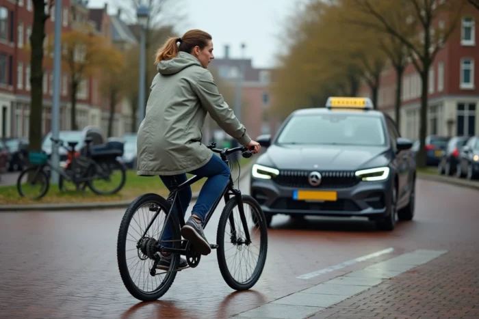 Une cycliste et une voiture auto-école partageant une intersection complexe d'Amsterdam avec canaux et pistes cyclables