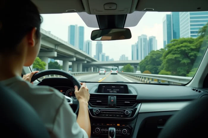 Une conductrice singapourienne sur un échangeur autoroutier urbain entouré de gratte-ciels et de végétation tropicale