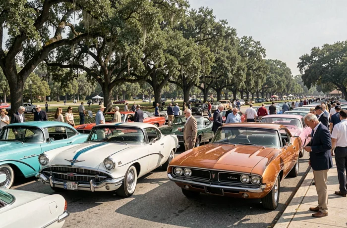 Exposition de voitures de collection classiques en plein air avec des passionnés admirant des modèles restaurés