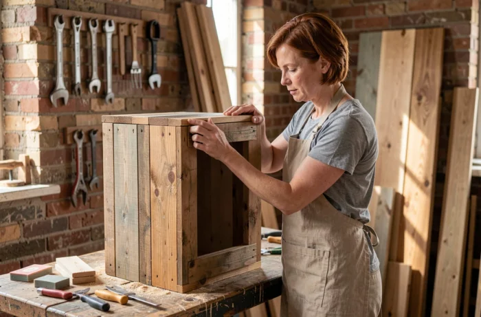 Femme assemblant une toilette sèche artisanale en bois recyclé dans un atelier de bricolage écologique