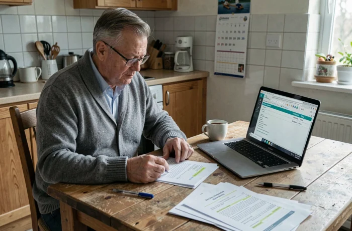 Famille planifiant le budget d'aide à domicile ADMR en consultant les tarifs horaires prévus pour 2026 sur un ordinateur portable