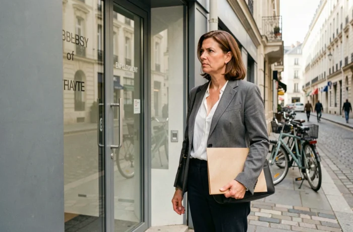 Femme cherchant une mission d'intérim devant une agence de travail temporaire en ville